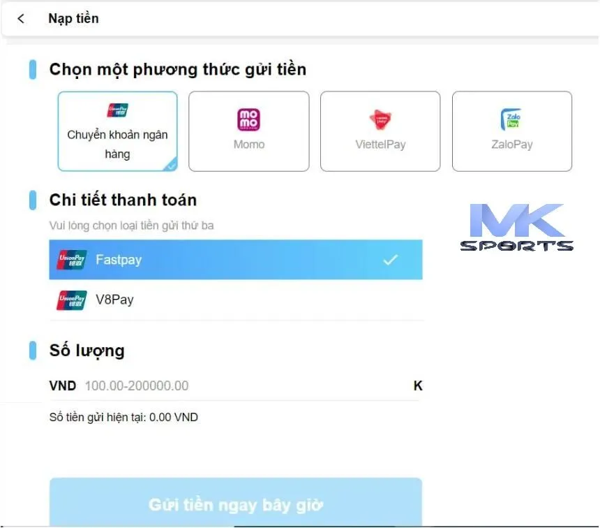Các phương thức nạp tiền tại MKsport